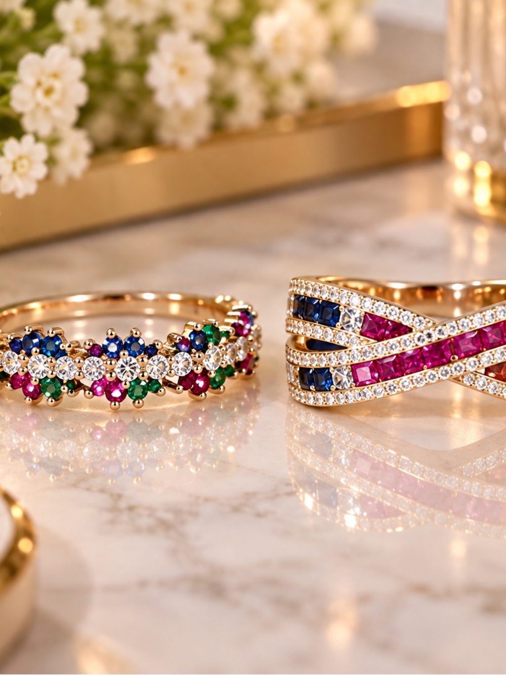 Gold Multicolor Gemstone & Pink-Blue Channel-Set Rings. Size 8